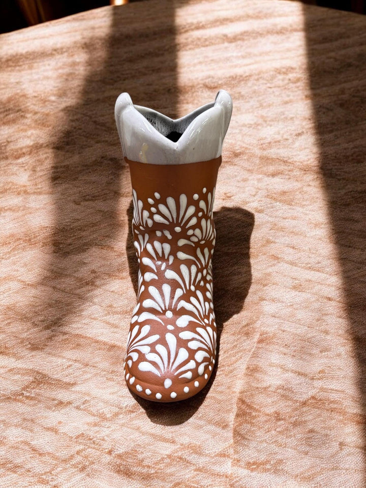 Mexican Cowboy Boot Flower Vase “Bota Vacera” in Brown Clay and White