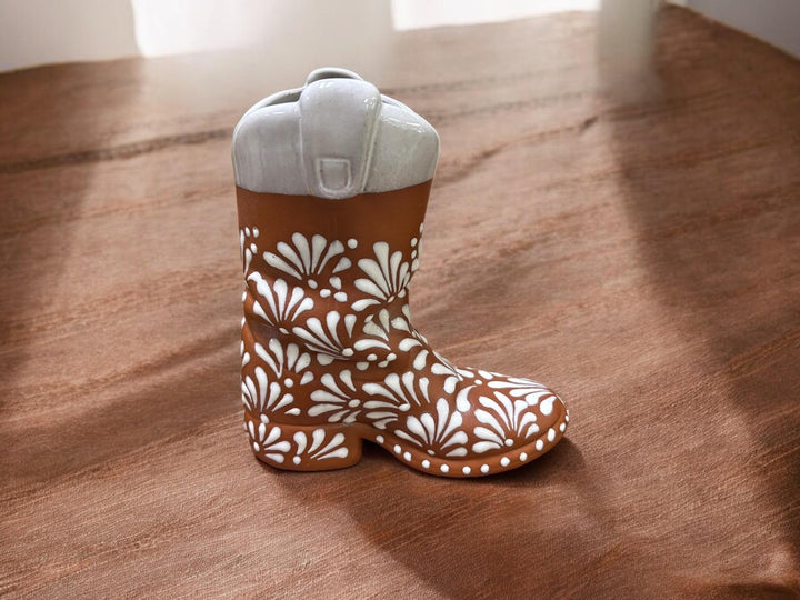 Mexican Cowboy Boot Flower Vase “Bota Vacera” in Brown Clay and White