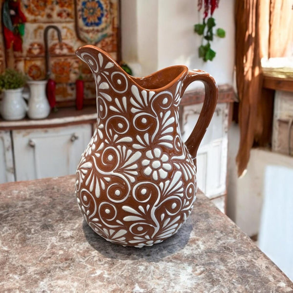 Hand Painted Mexican Talavera Dark Brown and White Pitcher