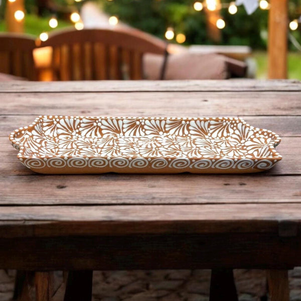 Handmade Mexican Talavera Brown and White Snack Tray