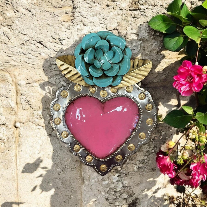 Handmade Mexican Tin Flower Heart Wall Decor