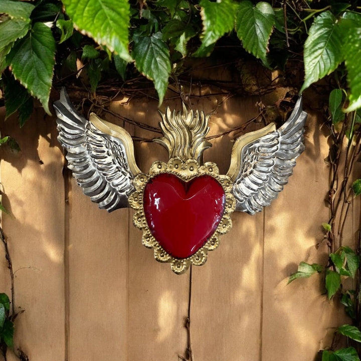 Handmade Mexican Tin Winged Heart Wall Decor