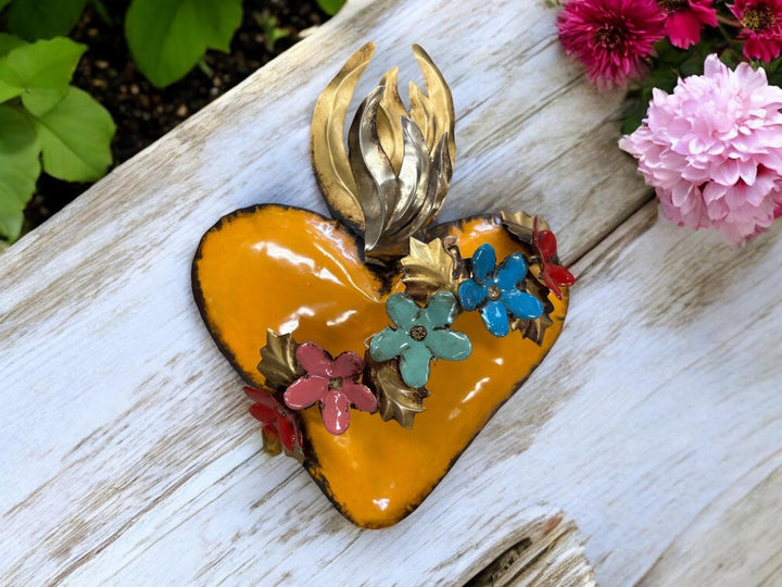 Handmade Mexican Tin Flower Satchel Heart Wall Decor