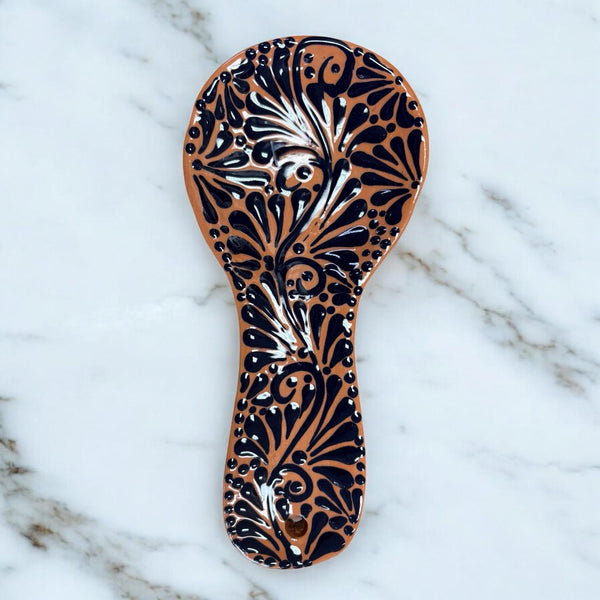 Hand Painted Talavera Brown and Dark Blue Spoon Rest