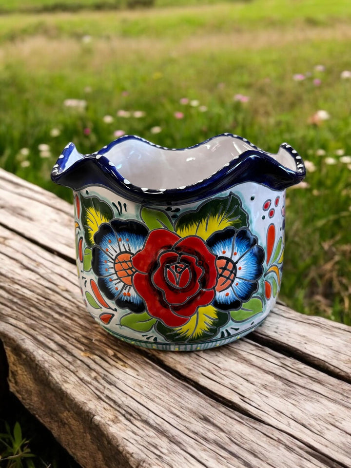 Handmade Talavera Large Multifloral Scalloped Rim Planter Pot