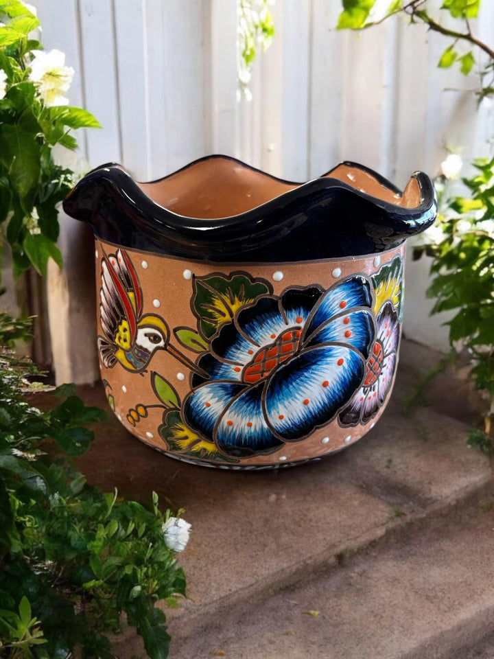 Handmade Talavera Large Multifloral Scalloped Rim Planter Pot