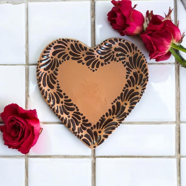 Hand Painted Talavera Brown and Chocolate Small Heart Plate