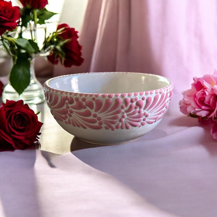 Hand Painted Talavera Traditional White and Pink Bowl – Set of 2