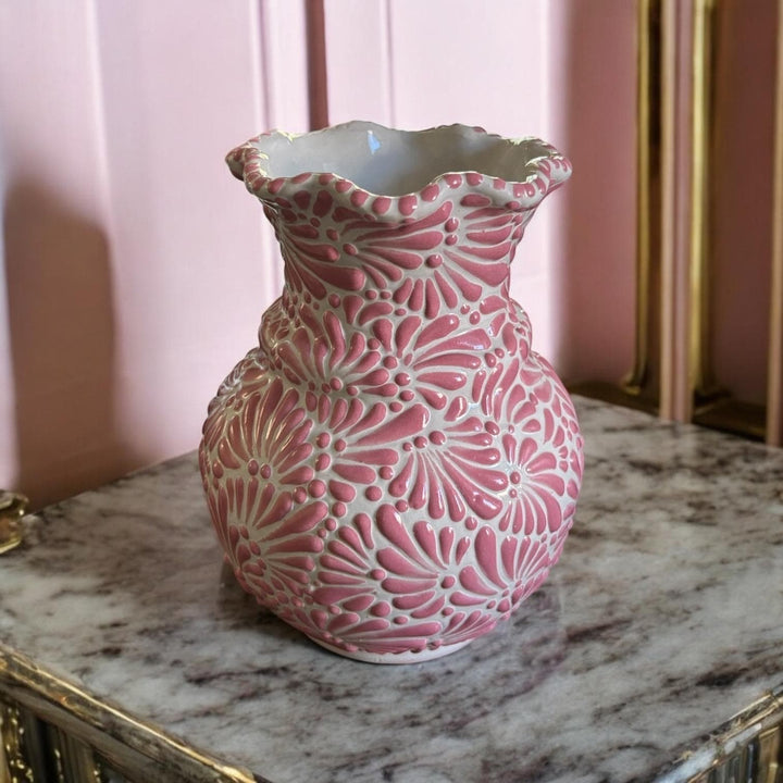 Handpainted Talavera Traditional White and Pink Small Scalloped Rim Vase