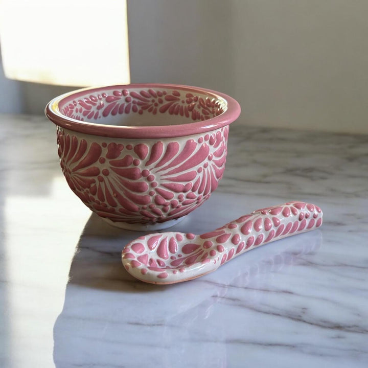 Handmade Talavera Traditional White and Pink Salsa Bowl and Spoon “Salsera”