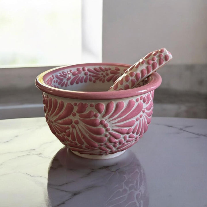 Handmade Talavera Traditional White and Pink Salsa Bowl and Spoon “Salsera”