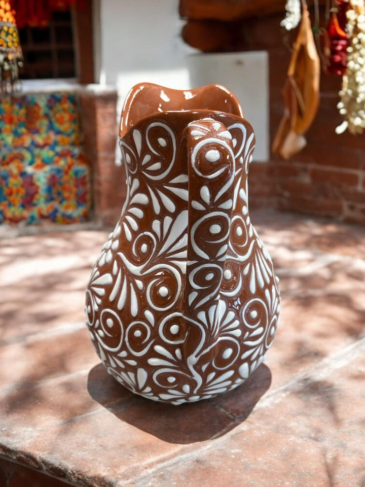 Hand Painted Mexican Talavera Dark Brown and White Pitcher