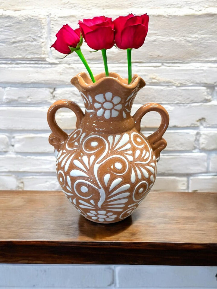 Hand Painted Mexican Talavera Brown and White Scalloped Rim Vase