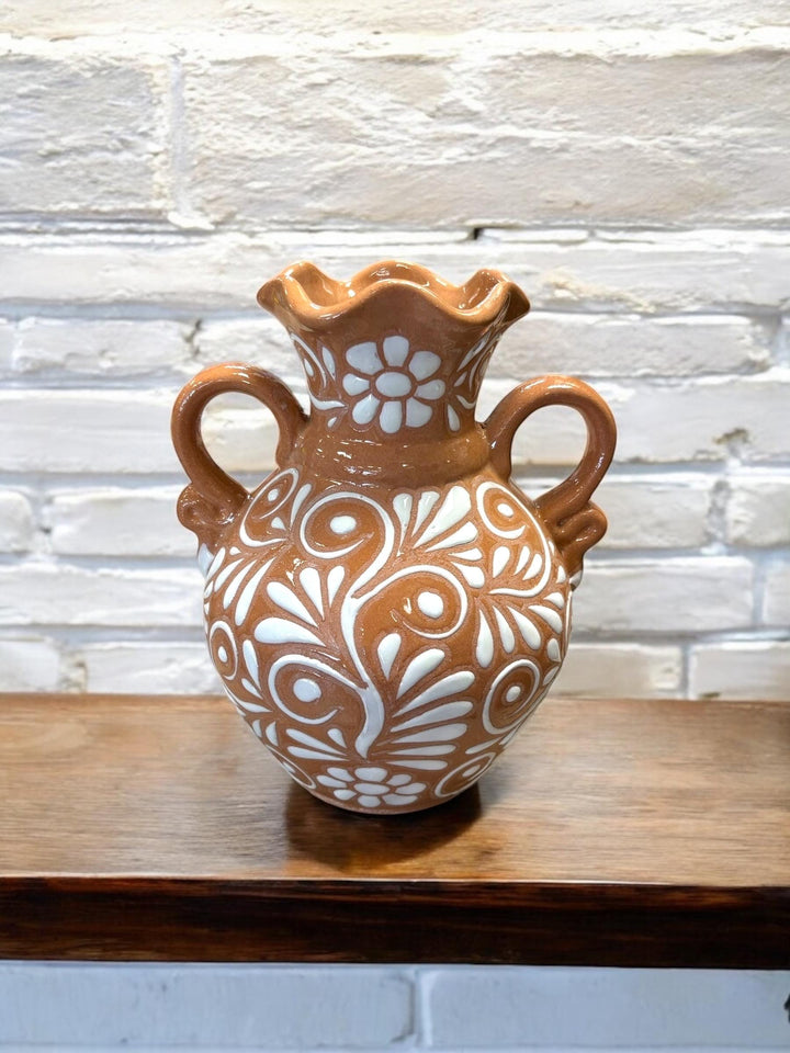 Hand Painted Mexican Talavera Brown and White Scalloped Rim Vase