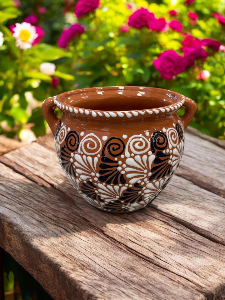 Hand Painted Brown and White Pot with Handles — Multiple Colors in Tabletop Large