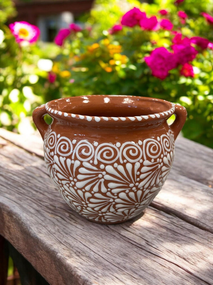 Hand Painted Brown and White Pot with Handles — Multiple Colors in Tabletop Large