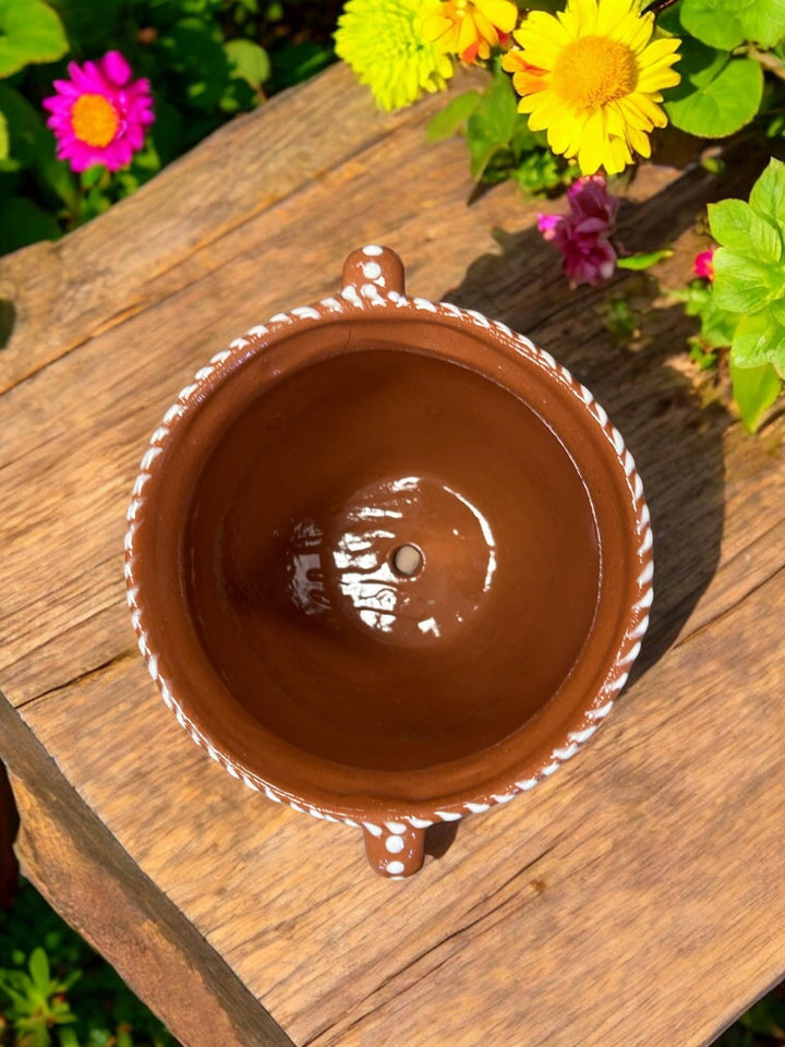 Hand Painted Brown and White Pot with Handles — Multiple Colors in Tabletop Large