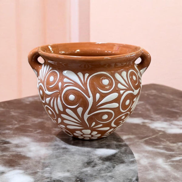 Hand Painted Talavera Brown and White Pot with Handles — Tabletop Medium