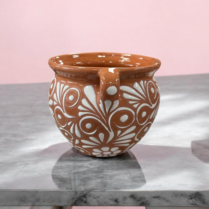 Hand Painted Talavera Brown and White Pot with Handles — Tabletop Medium