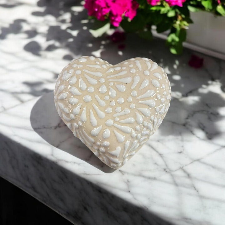 Handpainted Talavera Ivory and White Heart Box