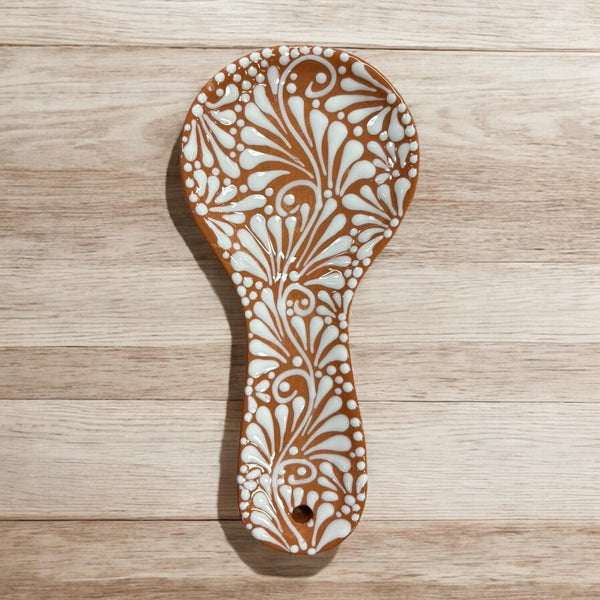 Hand Painted Talavera Brown and White Spoon Rest