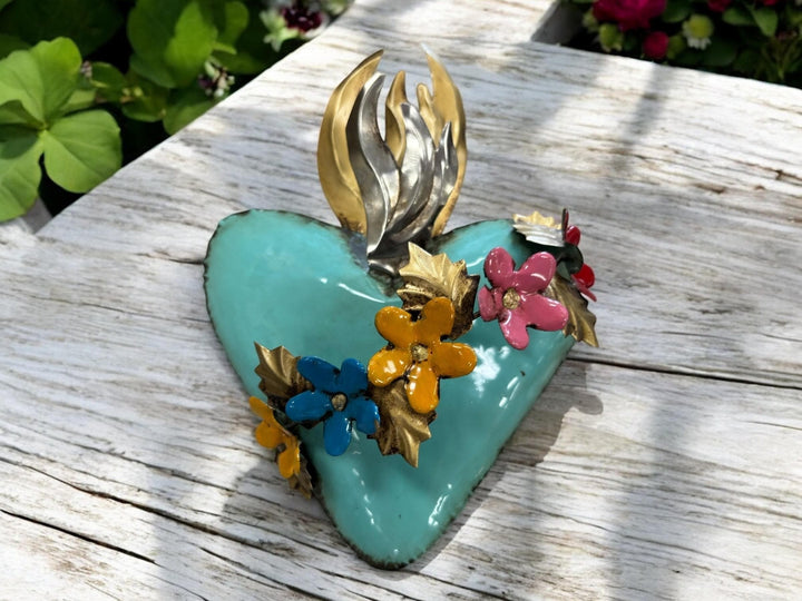 Handmade Mexican Tin Flower Satchel Heart Wall Decor