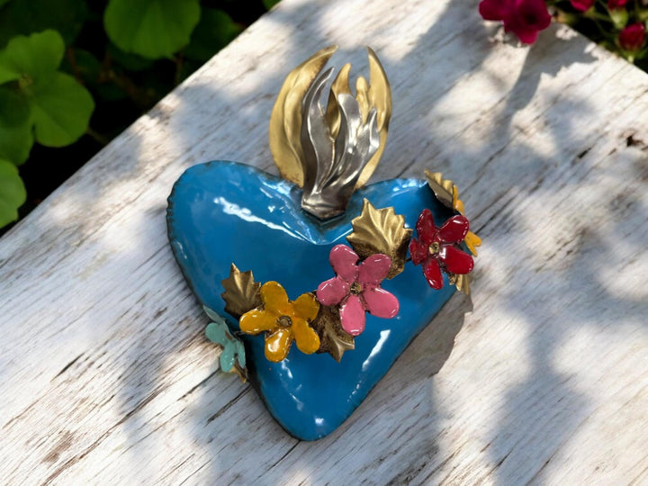 Handmade Mexican Tin Flower Satchel Heart Wall Decor