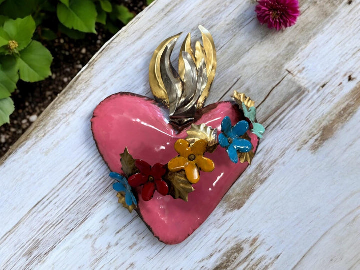 Handmade Mexican Tin Flower Satchel Heart Wall Decor