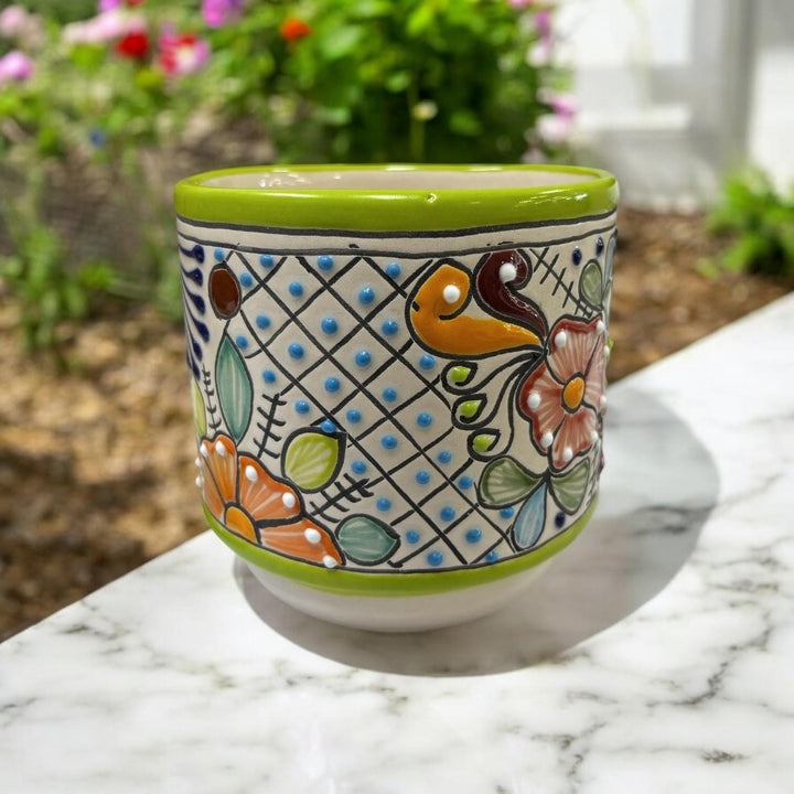 Hand Painted Talavera Small Cylinder Planter Pot with Saucer – Assorted Colors (Varying Pattern)