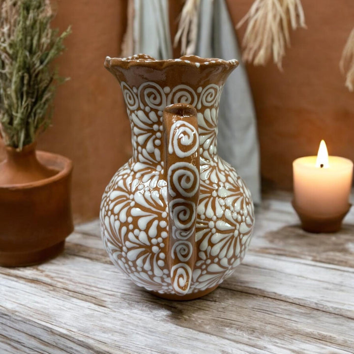 Hand Painted Mexican Talavera Brown and White Scalloped Pitcher