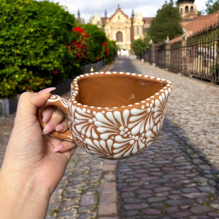 Handmade Talavera Brown and White Heart Coffee Mug