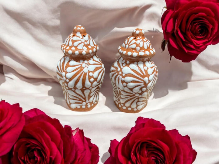 Hand Painted Talavera Brown and White Salt and Pepper Shaker Set