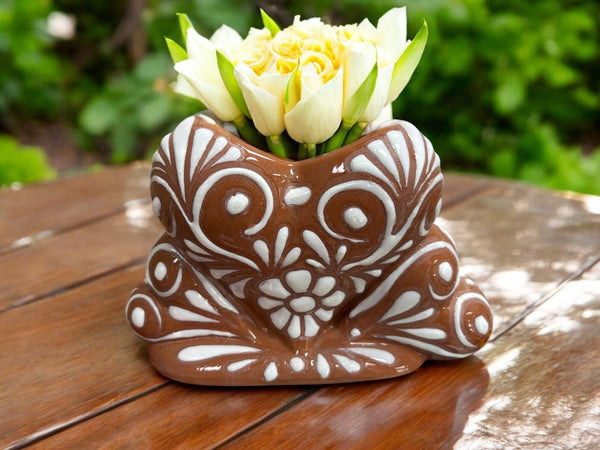 Small Hand Painted Talavera Brown and White Three Heart Planter Pot