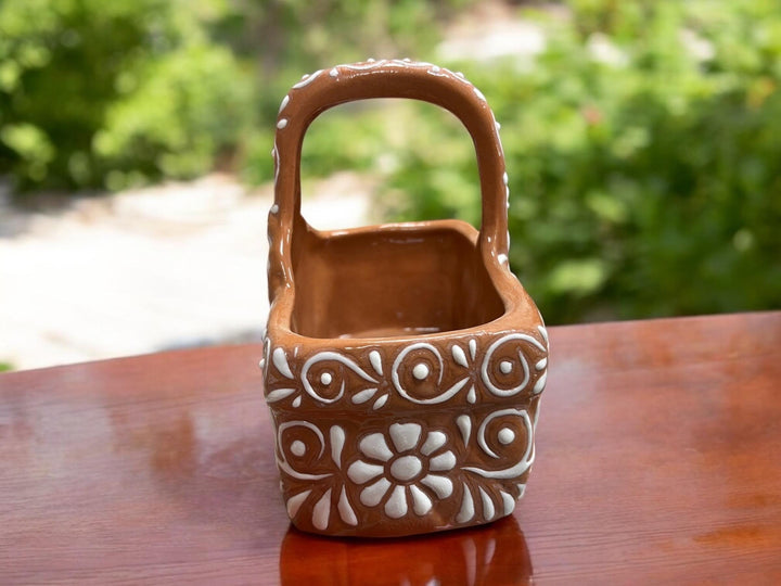 Hand Painted Talavera Brown and White Heart Basket Planter Pot — Assorted Designs