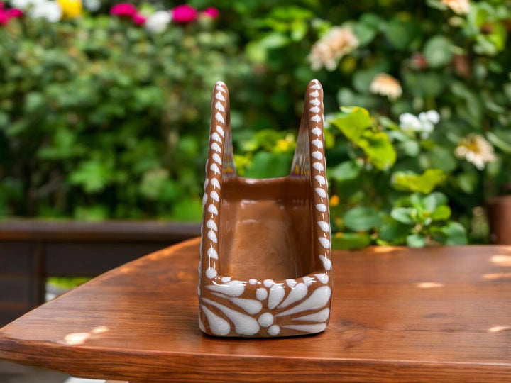 Hand Painted Talavera Brown and White Triangular Napkin Holder