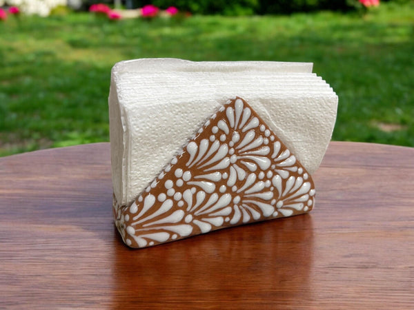 Hand Painted Talavera Brown and White Triangular Napkin Holder