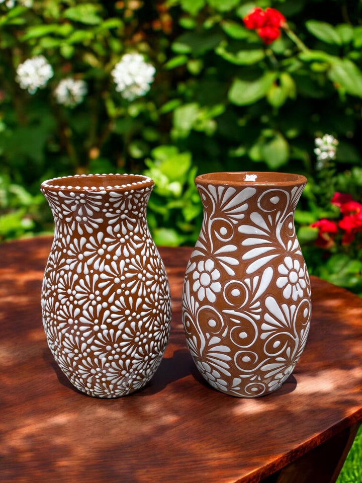 Hand Painted Talavera Dark Brown and White Vase – Assorted Designs