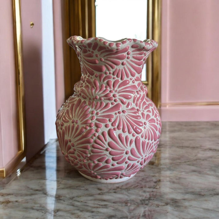 Handpainted Talavera Traditional White and Pink Small Scalloped Rim Vase
