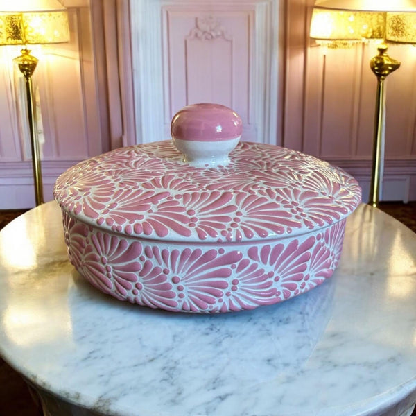 Hand Painted Talavera Traditional White and Pink Tortilla Warmer “Tortillero”