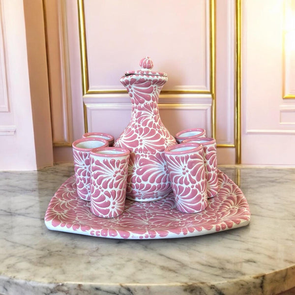 Handpainted Talavera Traditional White and Pink Liquor Decanter Set “Licorera”