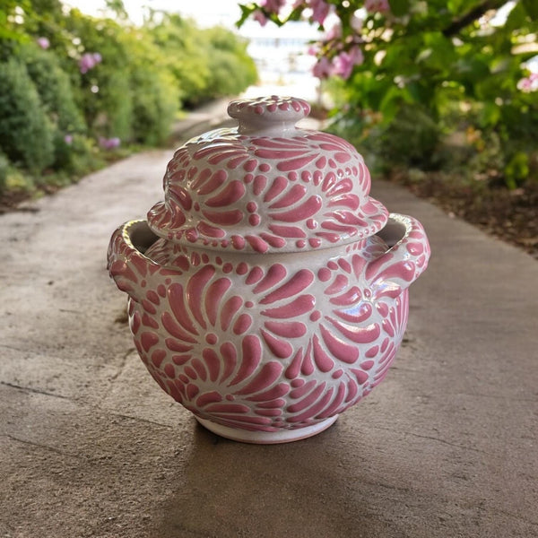 Hand Painted Talavera Traditional White and Pink Sugar Bowl “Azucarera”