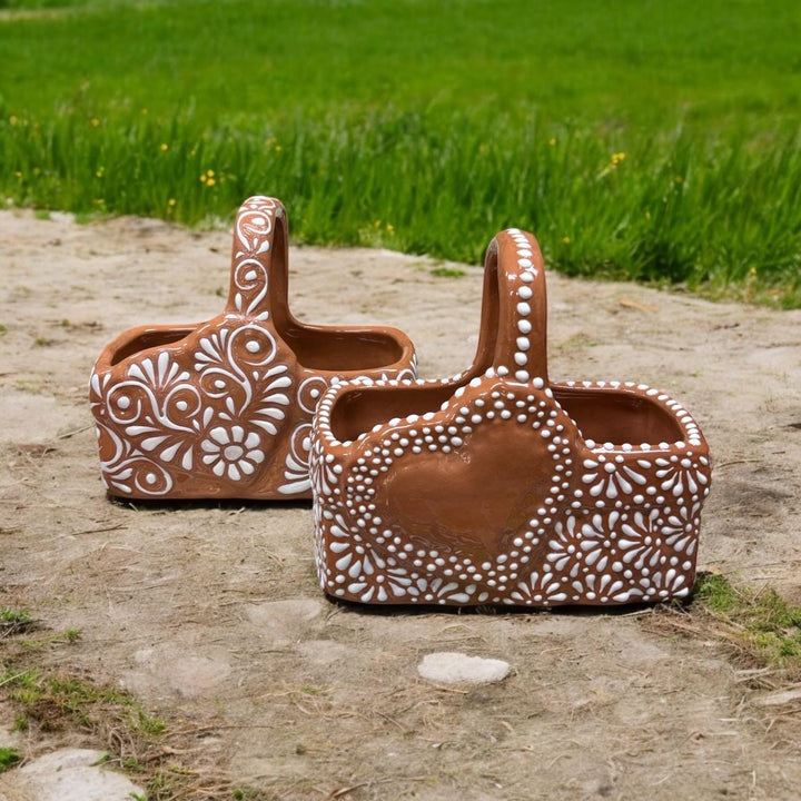 Hand Painted Talavera Brown and White Heart Basket Planter Pot — Assorted Designs