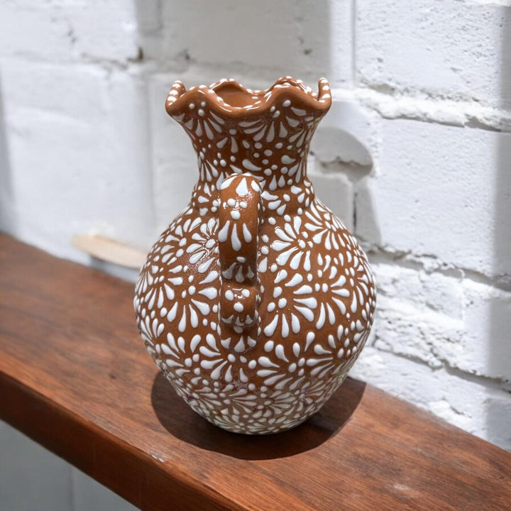 Hand Painted Mexican Talavera Brown and White Scalloped Rim Vase — Assorted Designs
