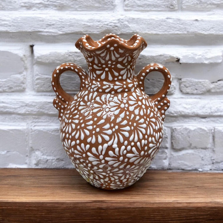 Hand Painted Talavera Dark Brown and White Scalloped Rim Fireworks Vase
