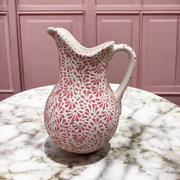 Hand Painted Mexican Talavera White and Pink Water Pitcher