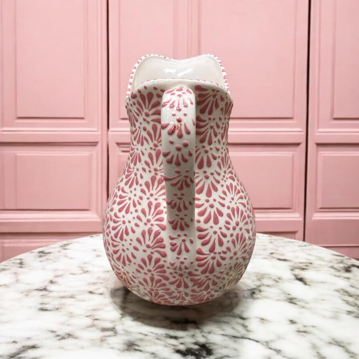 Hand Painted Mexican Talavera White and Pink Water Pitcher
