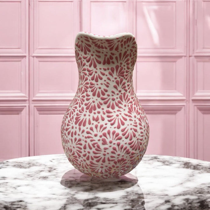 Hand Painted Mexican Talavera White and Pink Water Pitcher
