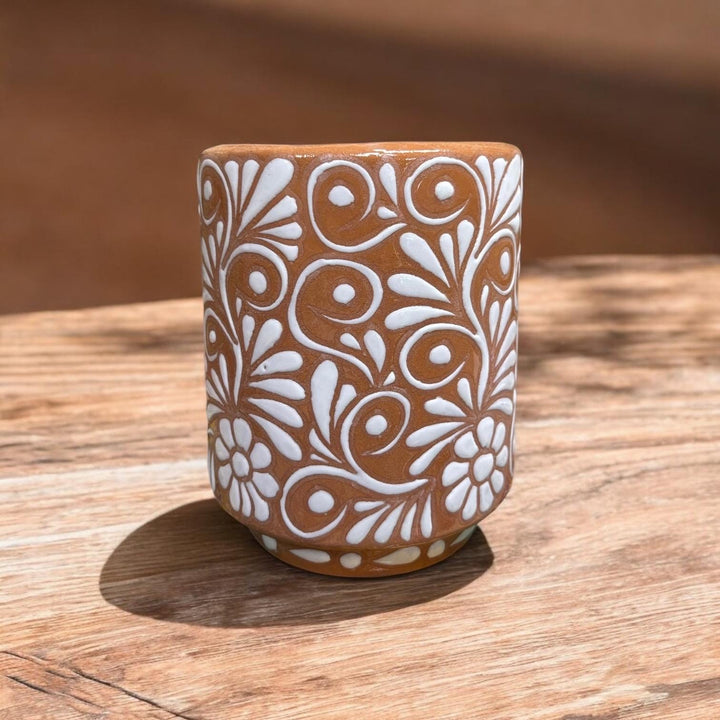 Hand Painted Mexican Talavera Brown and White Small Cylinder Planter