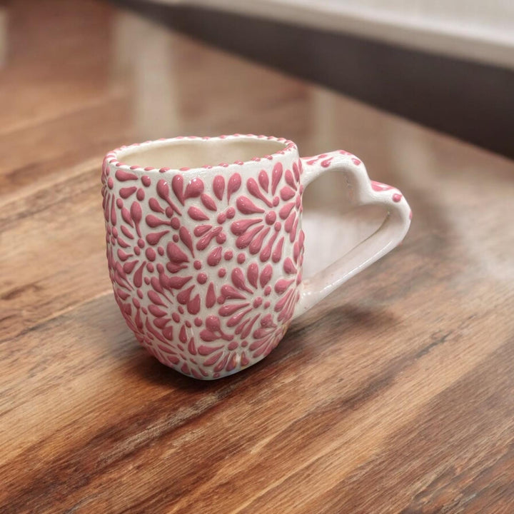 Hand Painted Talavera White and Pink Heart Tea Cup and Heart Saucer Set