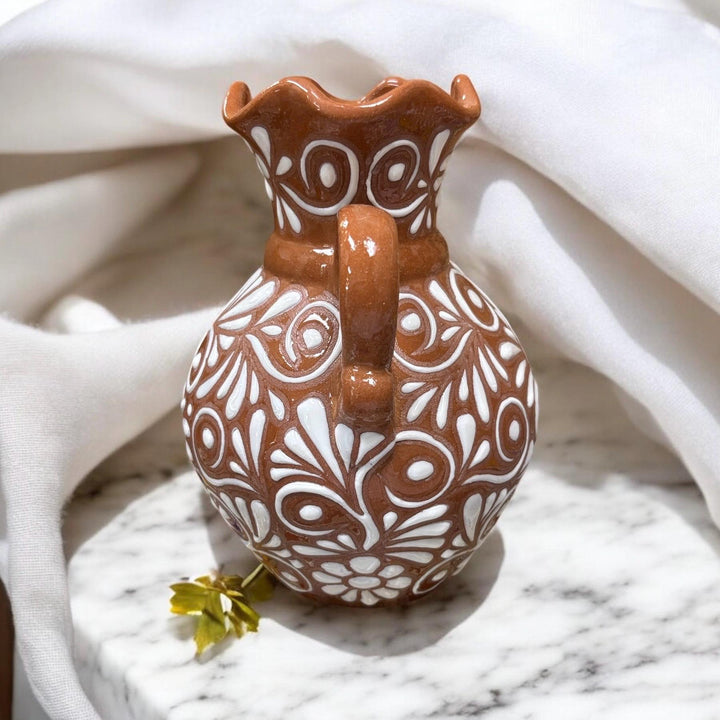 Hand Painted Talavera Brown and White Rustic Scalloped Rim Floral Vase